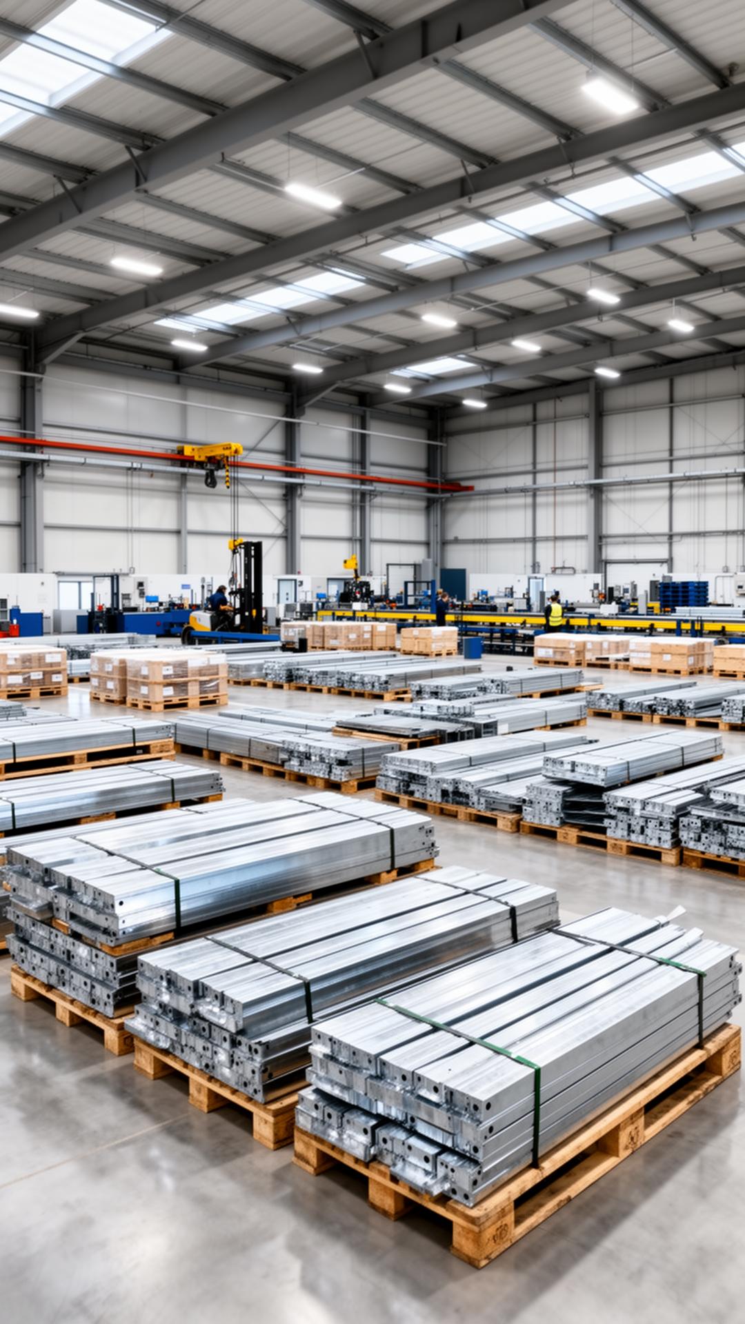 Industrial warehouse with palletized semi-finished metal stock
